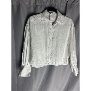 Zara Women’s White Linen Cropped Front  Button-Up Top Sz Small Collared